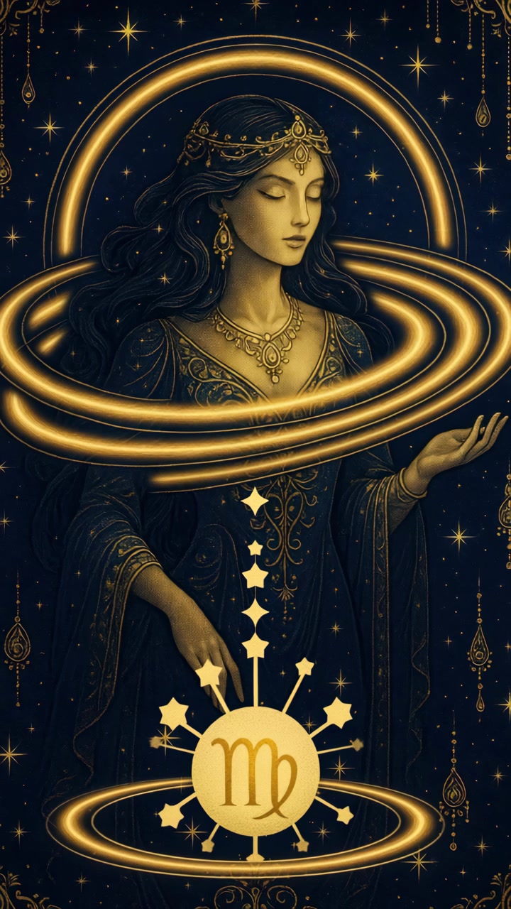 Dea zodiacale della Vergine animata con anelli celesti dorati e stelle
