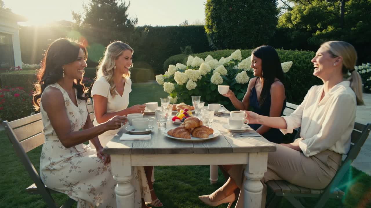 Quattro donne in abiti estivi che sollevano tazze da tè, sorseggiano e ridono a un tavolo da patio, croissant per il brunch