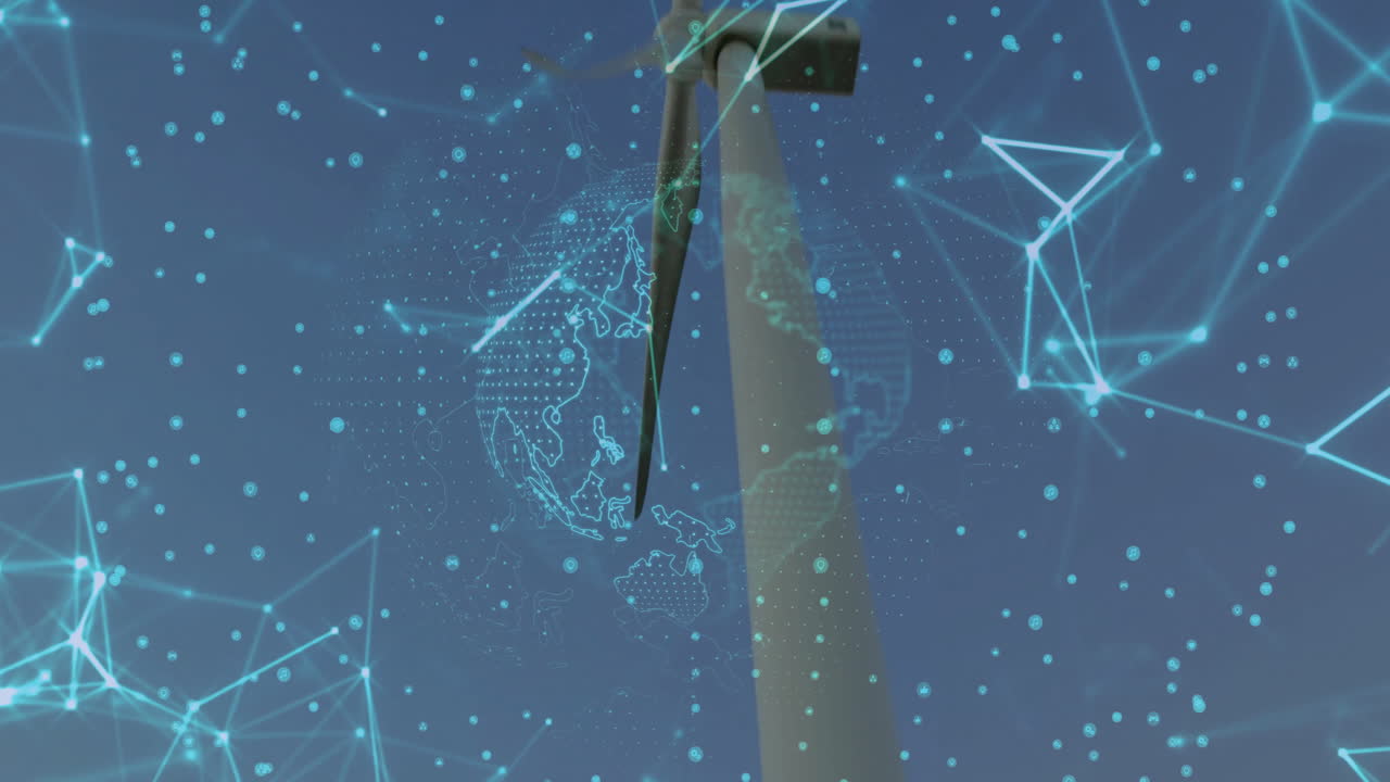 Wind turbine with digital network and data processing animation overlay