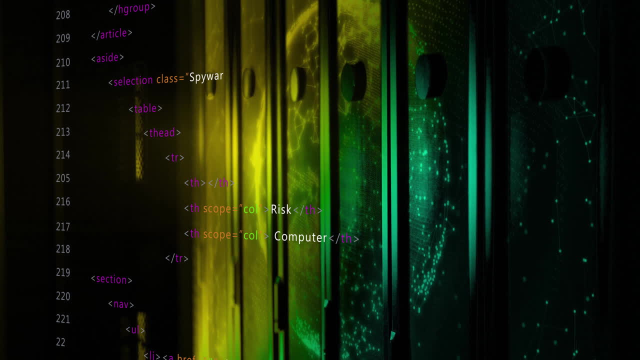 In school, animation of computer code on globe with server racks for cybersecurity