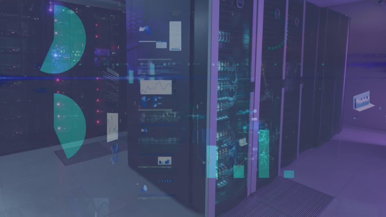 Animation of screens with statistical data processing against computer server room