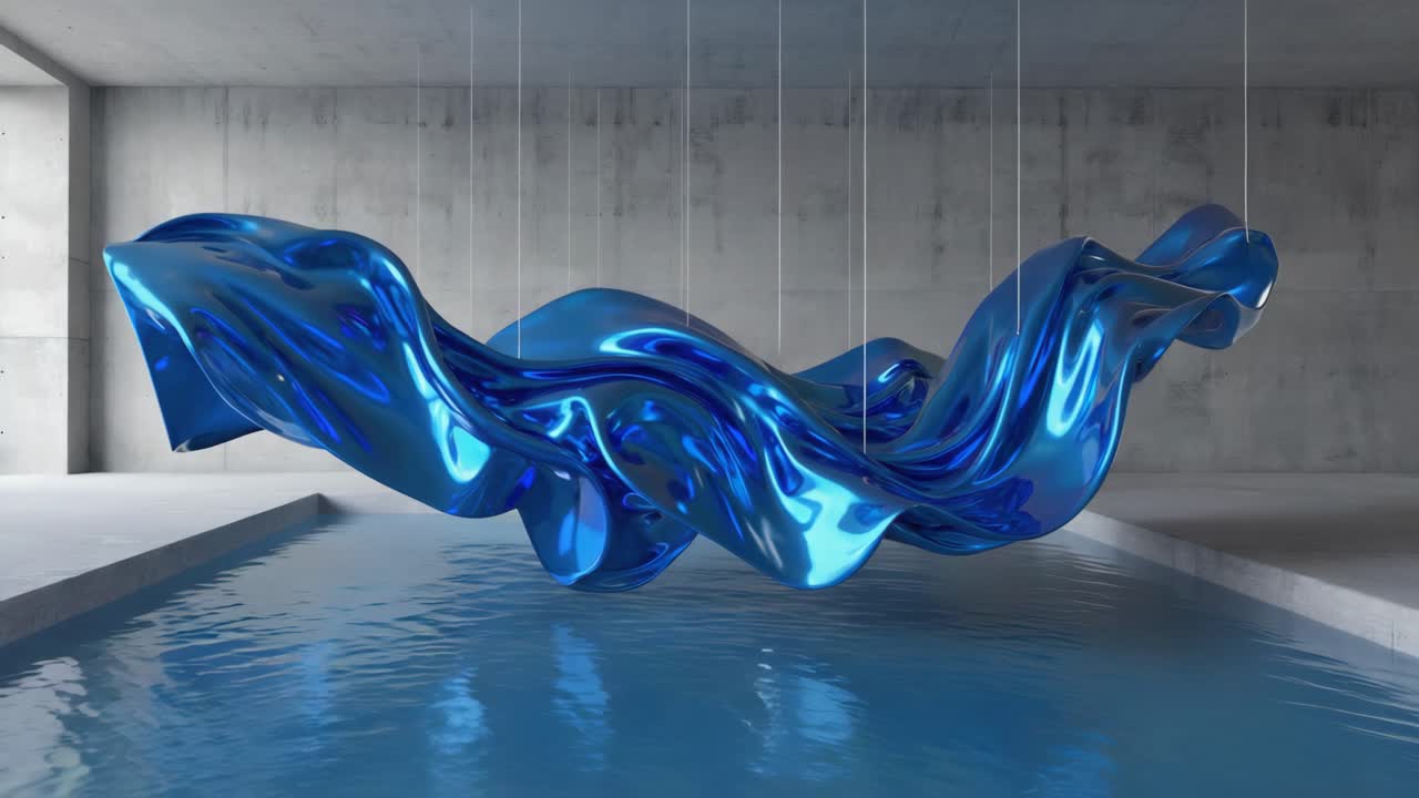 Abstract Blue Metallic Fabric Sculpture Suspended Over Water in a Concrete Room
