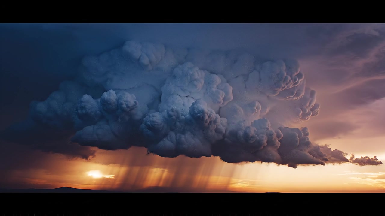 Cinematic Sunset with Puffy Clouds and Golden Rain Shafts