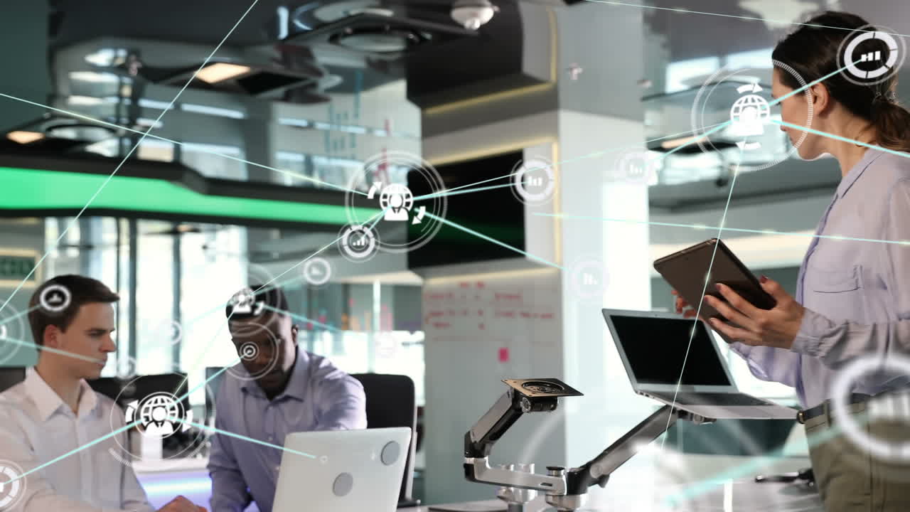 Animation of network of connections over diverse business people using tablet