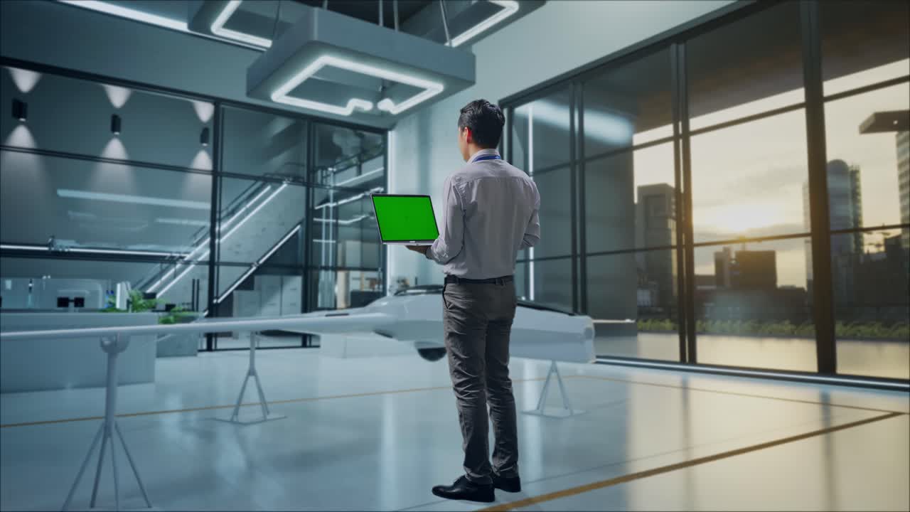 vista trasera del cuerpo completo de un trabajador profesional masculino asiático de pie con proyecto de drones, instalación industrial de alta tecnología, escribiendo en el teclado de la computadora portátil con pantalla verde y mirar la fábrica una vez