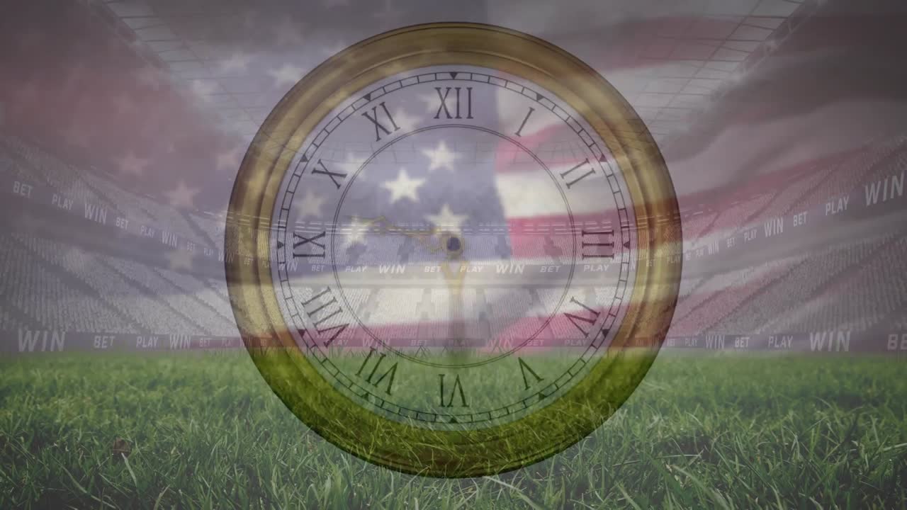 미국 시계와  ⁇ 발의 애니메이션으로 잔디와 빈 경기장의 낮은 각도 뷰