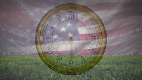 animation of clock and flag of america over low angle view of grass and empty stadium