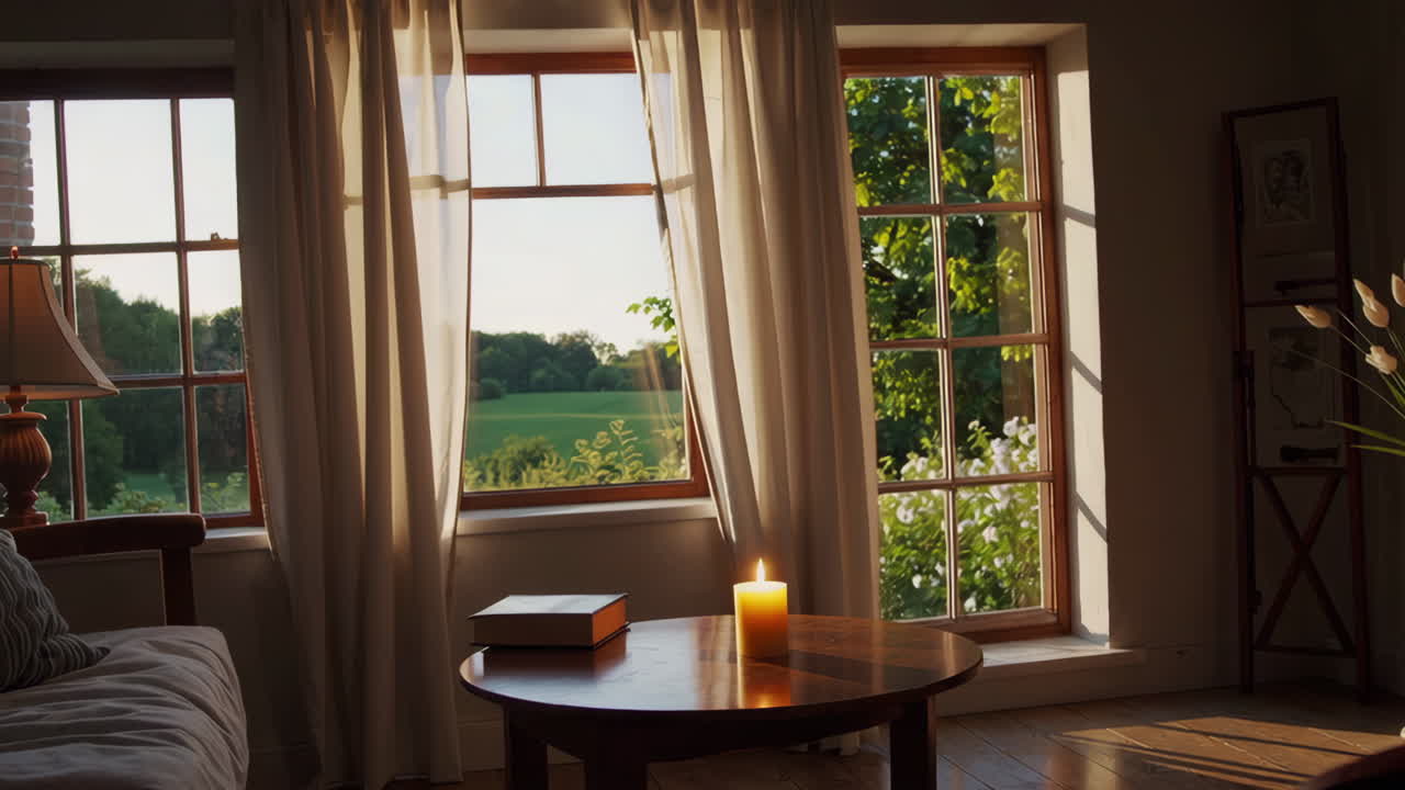 A cozy room with a lit candle, book, and sunlit windows overlooking a green field