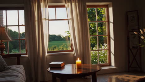 a cozy room with a lit candle, book, and sunlit windows overlooking a green field