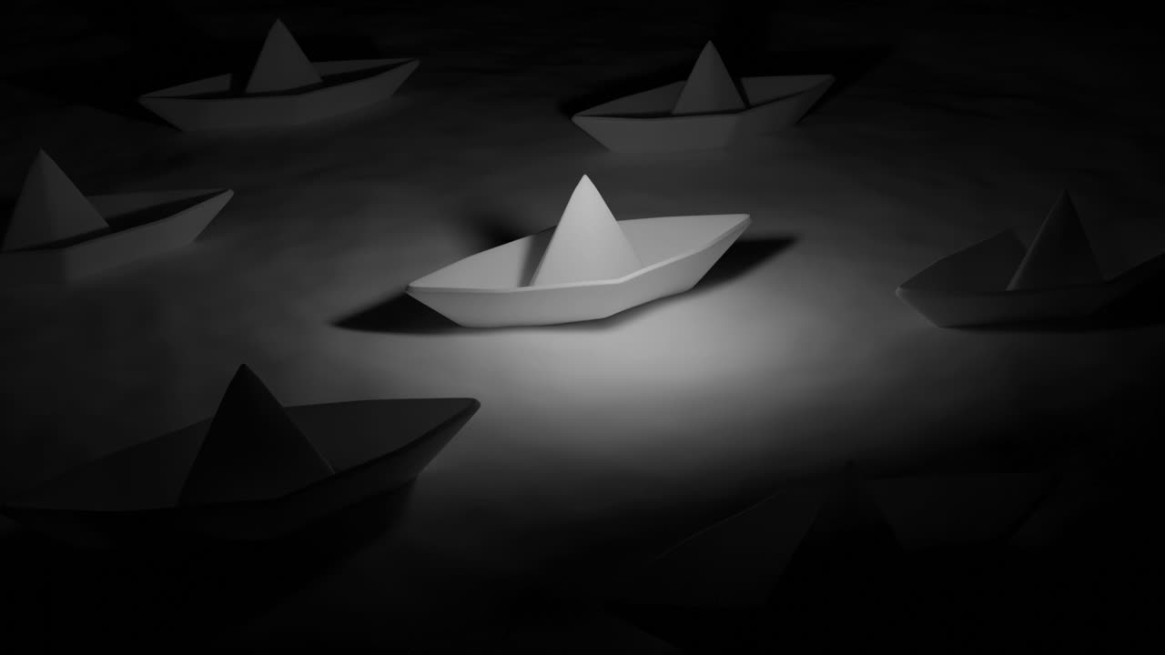 A single paper boat stands out amidst a sea of similar boats.