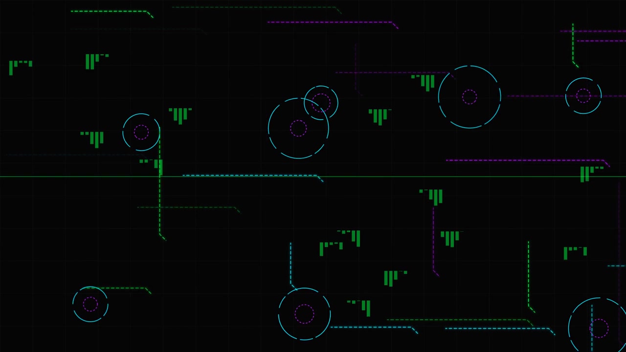Abstract Digital Interface with Moving Data Lines and Circular Elements