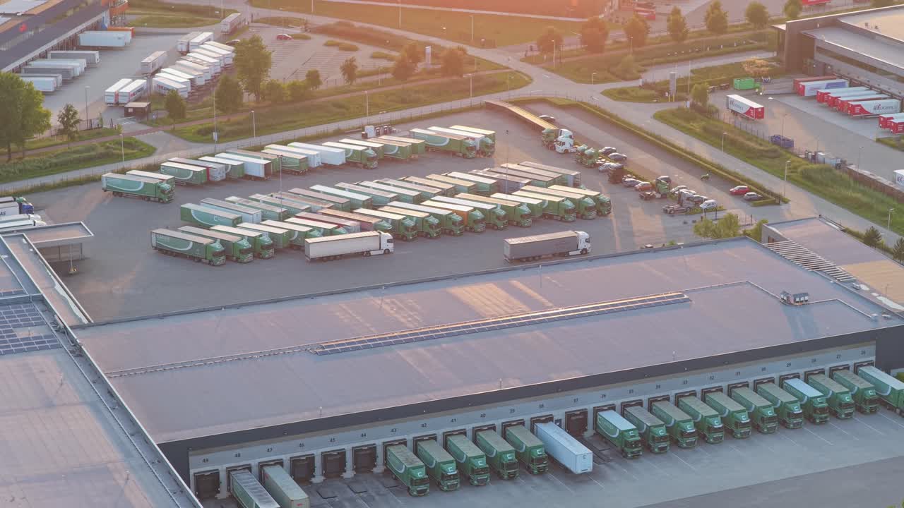 Parkerede lastbiler ved et logistikcenter med varehuse, luftfoto ved solnedgang