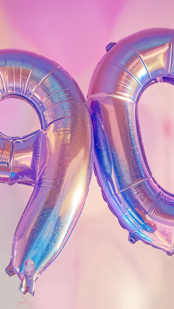 Vertical video: Drifting left 9 right 0 foil balloons moving from draft in studio, showing seams