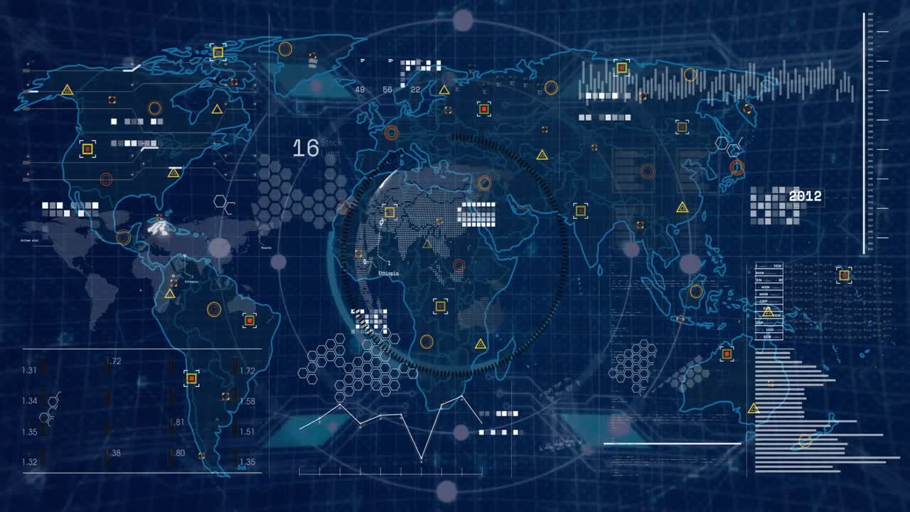 Globe appearing grid initiating ring updating percentages highlighting continents visualizing data