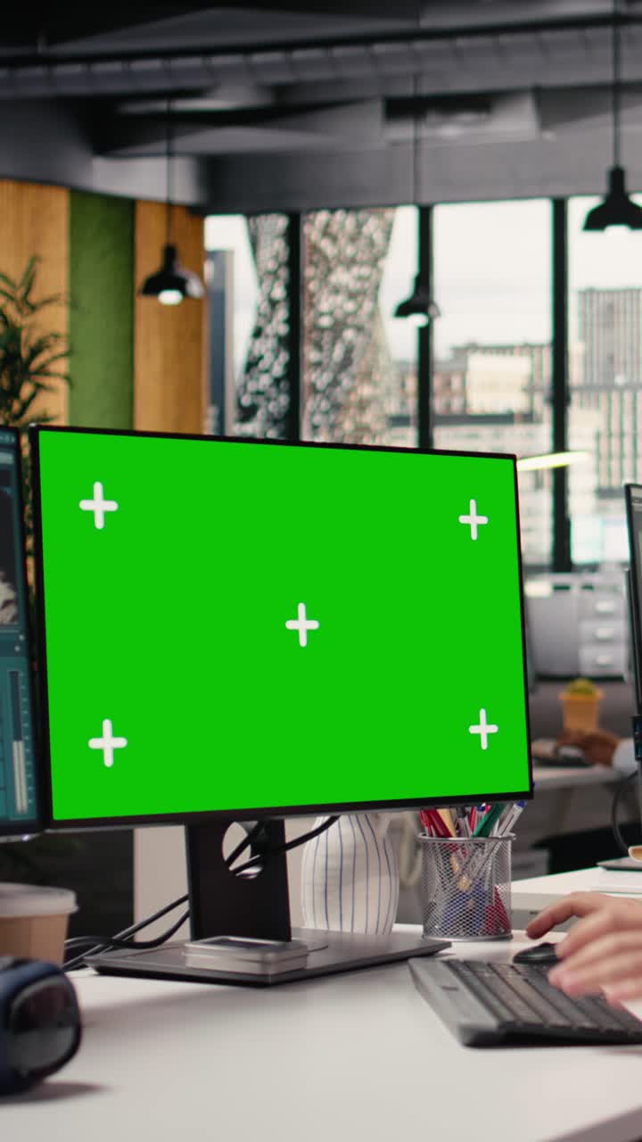 Vertical Video Green Screen With Video Editing Montage On Computer Used By Filmmaker