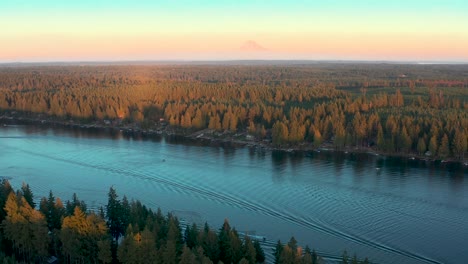 Luz-De-Hora-Dorada-A-Través-De-Bosques-De-Pinos-Y-Casas-Junto-Al-Lago-En-Washington,-Monte-Rainier-En-La-Distancia