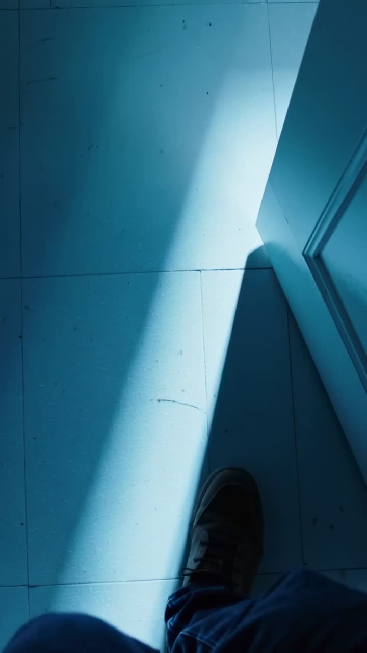 Video verticale: Un adulto in jeans blu e stivali marroni entra in una stanza piastrellata, illuminato da un fascio di luce dalla porta.