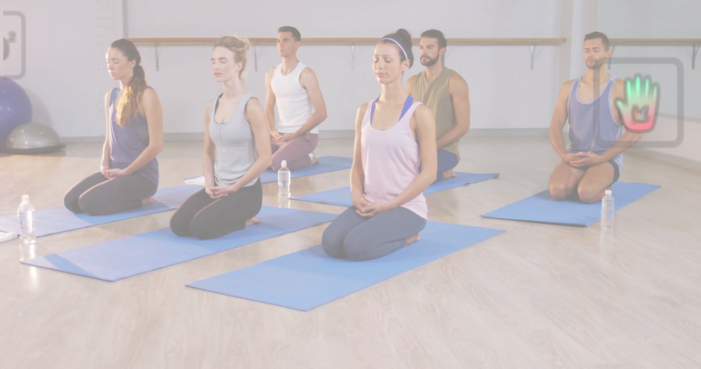 Yoga group kneeling on blue mats initiating hand icon fading, eco icons emerging for sustainability