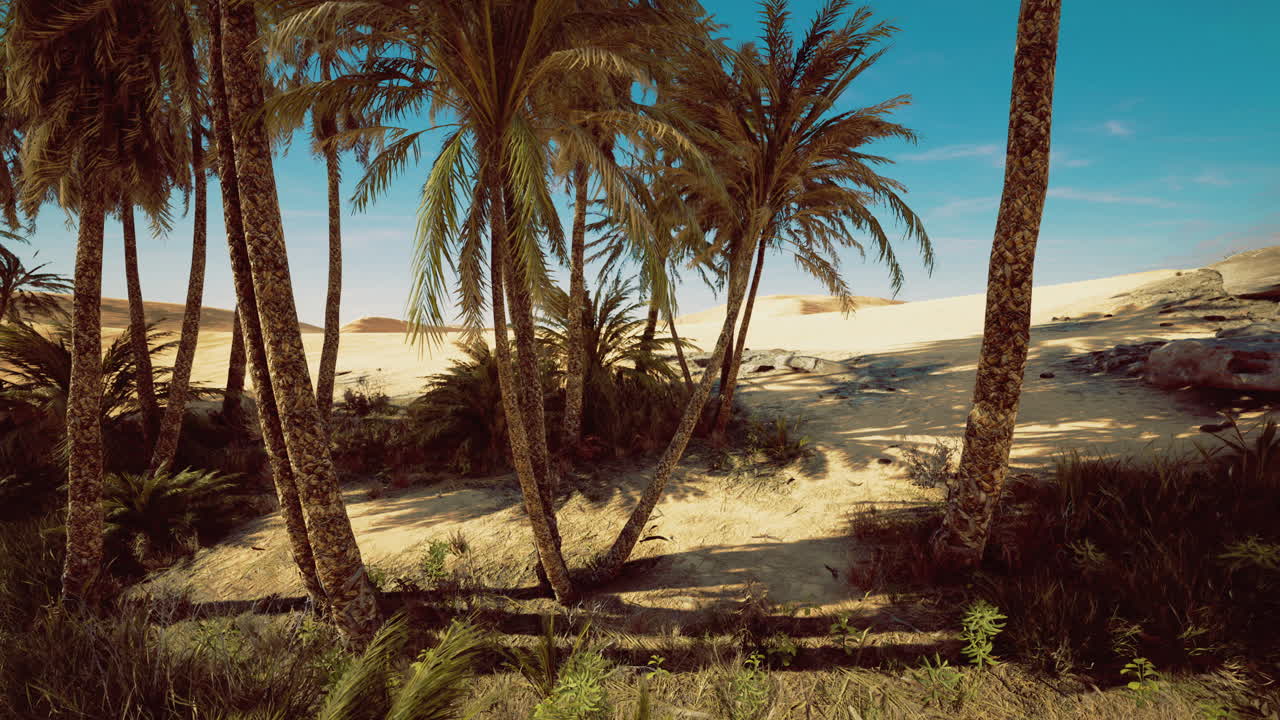 Desert oasis with palm trees and sandy landscape during daylight