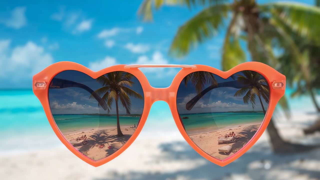 Gafas de sol naranjas con forma de corazón que se deslizan hacia abajo revelando una playa tropical con palmeras y sillas