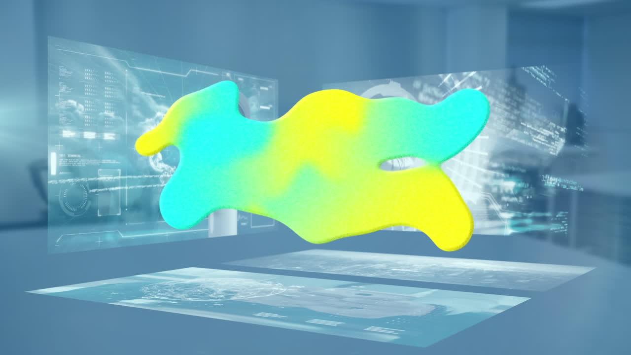 빛나는  ⁇ 어리의 애니메이션과 빈 사무실 위의 데이터 처리