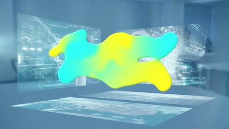 animation eines leuchtenden blobs und datenverarbeitung über einem leeren büro