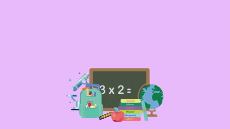 animación de iconos de artículos escolares que se mueven con espacio de copia en fondo púrpura
