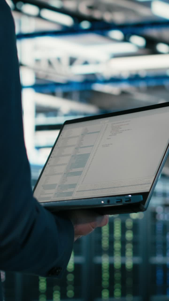Vertical video Close up of data center engineer using laptop to code