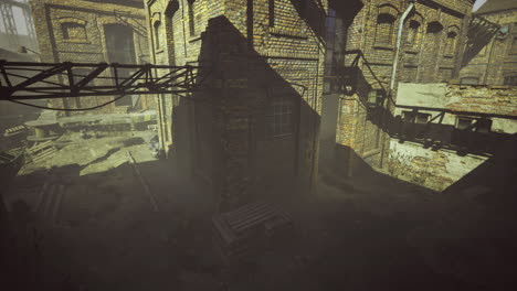 exploring an abandoned factory with mysterious shadows at dusk