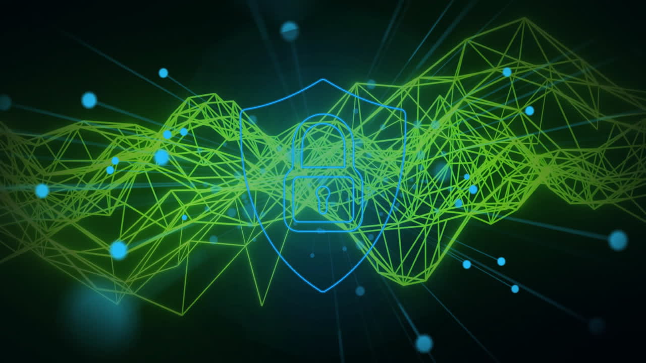 Digital security lock with green geometric network and blue nodes animation