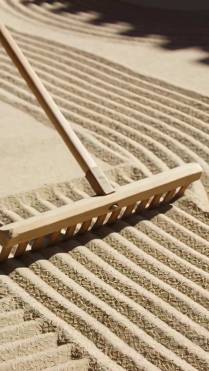 Vertical video: Pulling hand guiding rake across sand tray, forming grooves under slatted shadows