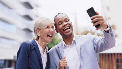 selfie, happy and business people in city