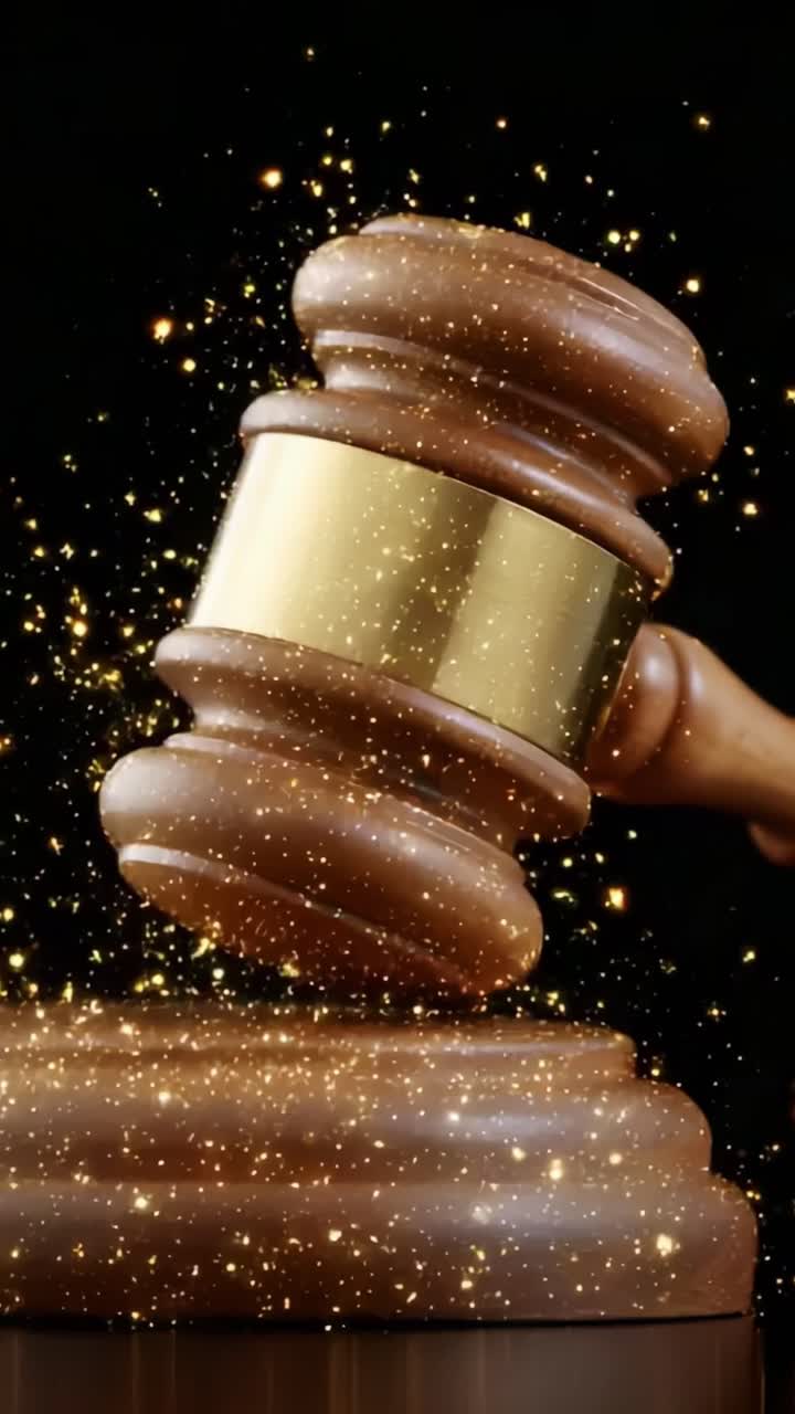 A stunning visual exploration of justice represented by a gavel, as it strikes down with dramatic effect, surrounded by an enchanting display of glittering golden particles that symbolize the weight of the law