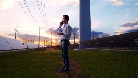 full body side view of an asian male professional worker standing with solar panel and wind turbines, he is speaking with someone in the phone and moving his left hand