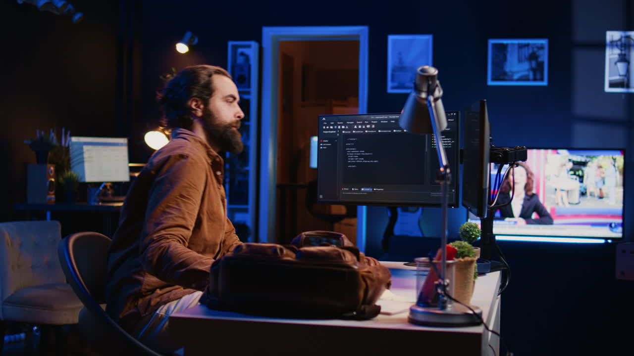 Freelancing IT system administrator arriving in personal office at home