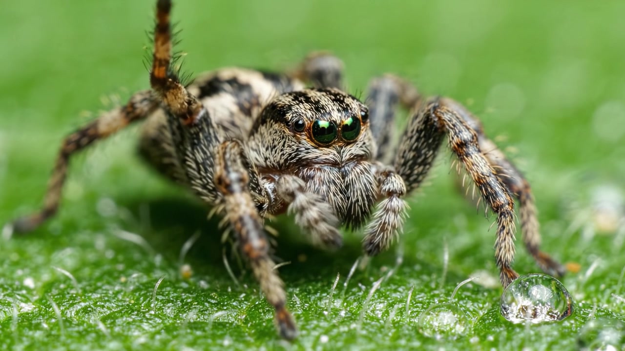 Eine Nahaufnahme einer Springspinne, in zwei Bildern festgehalten, die ihre einzigartigen Merkmale und die Feinheiten ihrer Umgebung zeigt.
