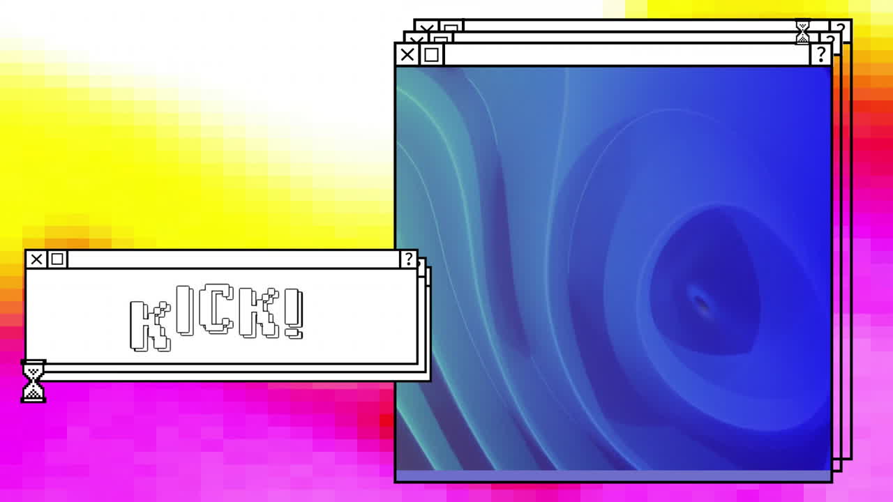 Animation of digital interface with kick text and blue shapes on colourful background