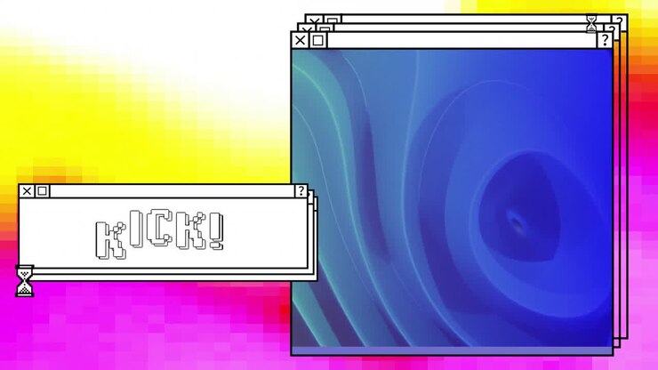 Animazione di interfaccia digitale con testo "kick" e forme blu su sfondo colorato