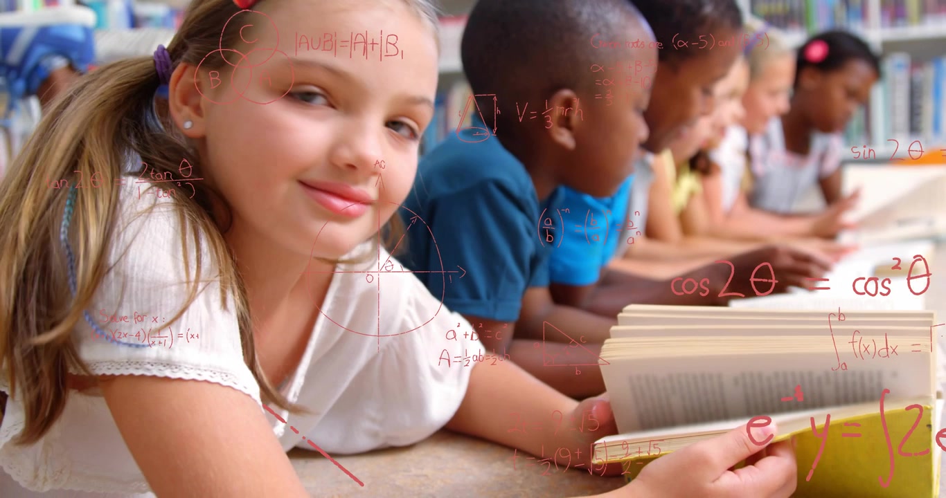 School children turning book pages in library starting floating math formulas visualizing learning