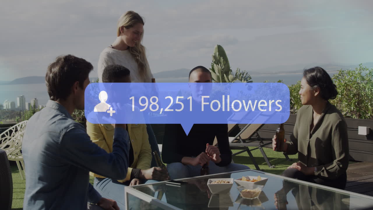 Animation of notification bars over diverse friends discussing while drinking beer