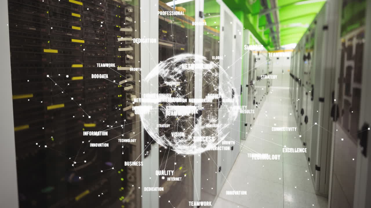 Animation of business texts and globe over server room