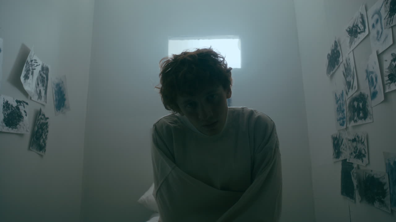 Portrait of Young Man with Mental Illness Sitting in Psychiatric Room