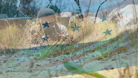 animation of flag of honduras over male soldier crouching with gun