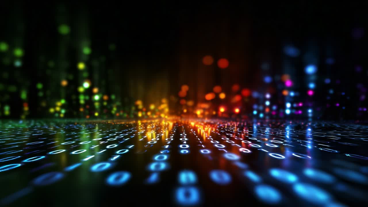 A Vibrant Digital Landscape Filled with Glowing Binary Code, Colorful Lights, and Reflections, Showcasing the Intersection of Technology and Creativity in a Stunning Visual Display