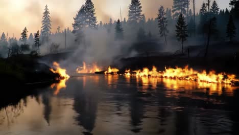 a dramatic view of a wildfire raging through dense forest, with flames reflecting off a tranquil river amidst smoke and silhouettes of tall trees, creating a captivating yet terrifying scene