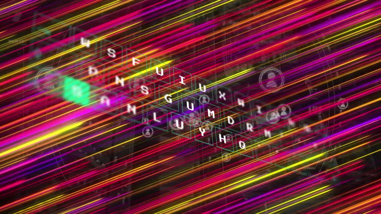 animación del procesamiento de datos sobre iconos de medios y paisaje urbano.