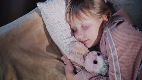 una niña duerme con su juguete de peluche favorito vista desde arriba