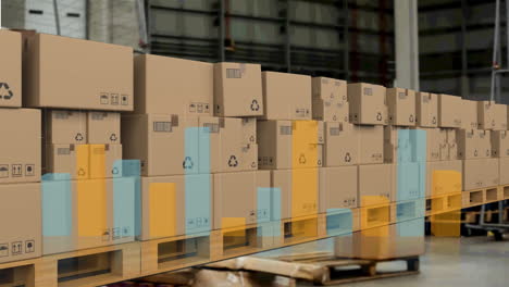 statistical data processing over delivery boxes on conveyor belt against warehouse