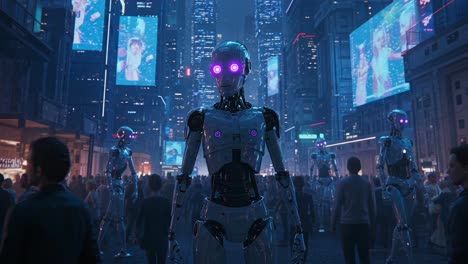 Futuristic Cityscape: A Sleek Robot Stands at the Forefront of a Crowded Urban Landscape, Illuminated by Neon Lights and Digital Billboards