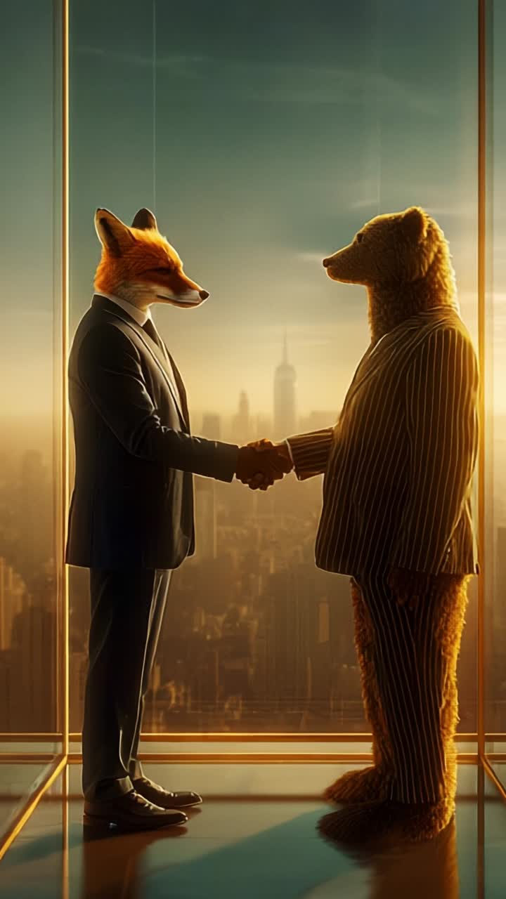 Una volpe e un orso in giacca e cravatta si stringono la mano sullo sfondo di una città, a simboleggiare cooperazione e, forse, una nuova partnership nel mondo aziendale.
